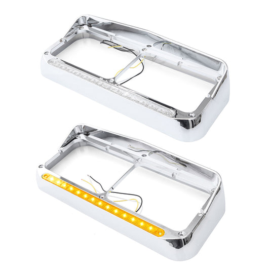 Chrome Plastic Dual Rectangular Headlight Bezel With Visor (Amber LED with Clear Lens) for PETERBILT 379 / KENWORTH W900