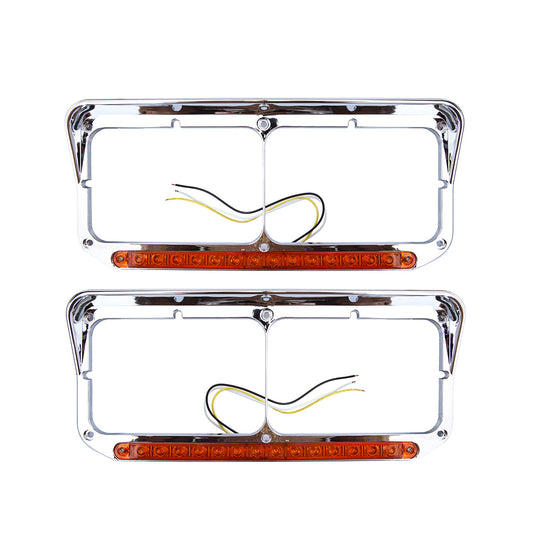 Chrome Plastic Dual Rectangular Headlight Bezel With Visor (Amber LED with Amber Lens) for PETERBILT 379 / KENWORTH W900